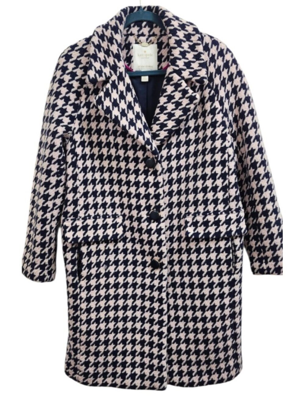 Kate Spade New York Houndstooth Coat Womens M Wool Blend Navy Ivory Button Front - Picture 2 of 16